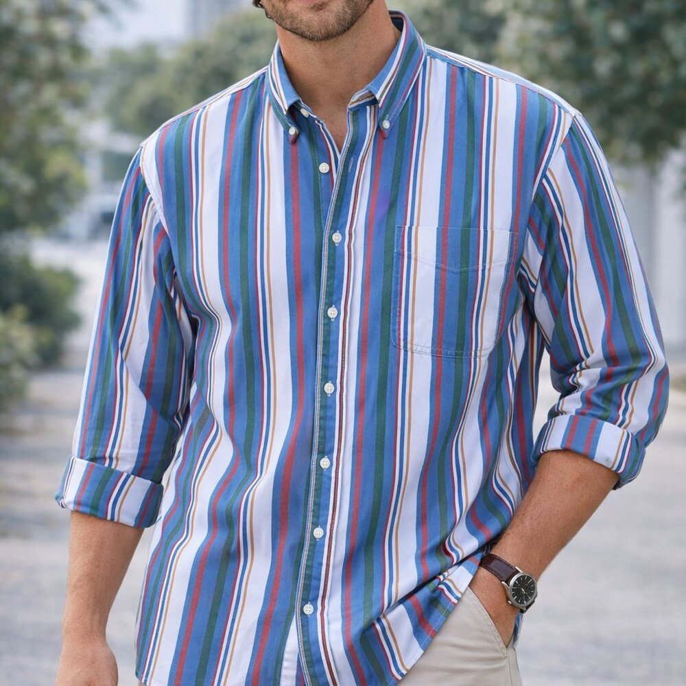 VTG Bon Homme Men L Multi-Color Striped Button Down Denim Shirt 90s Grunge Indie